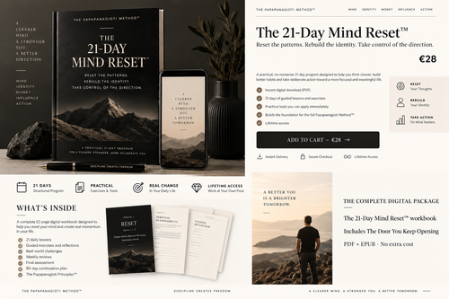 The 21-Day Mind Reset workbook + The Door You Keep Opening digital book, complete package €28